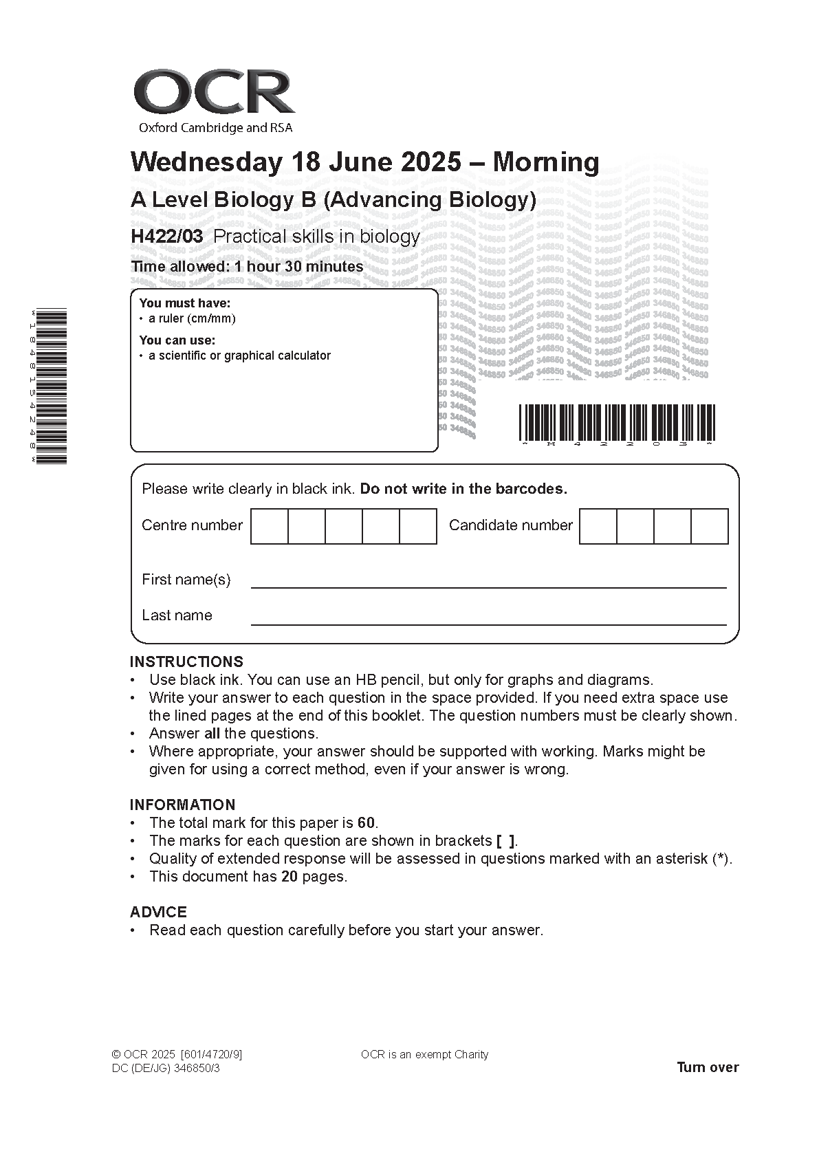 2025 OCR A Level Biology B Paper 3 And Mark Scheme Combined H42203